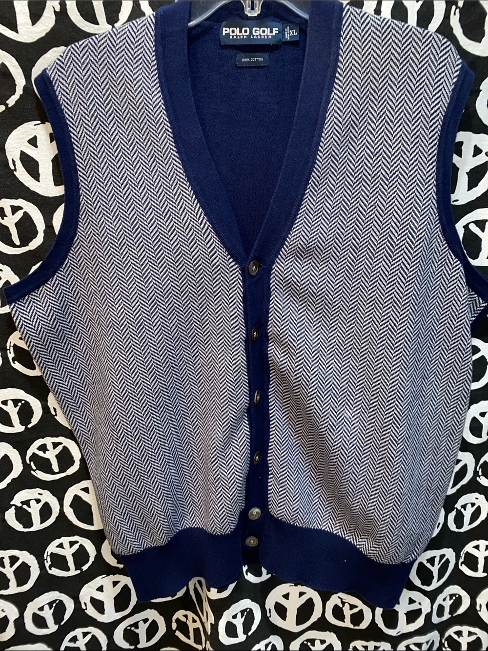 MEN POLO GOLF RALPH LAUREN COTTON BEST SZ XL BLUE/CREAM HERRINGBONE